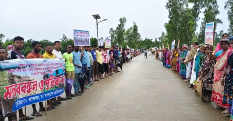 জাফলং এ চা-বাগান রক্ষার দাবিতে মা ন ব ব ন্ধ ন