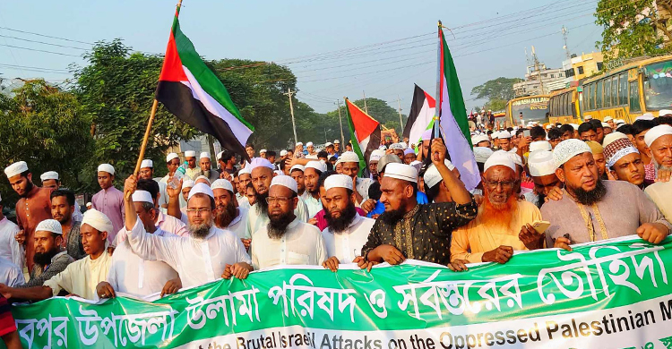ফিলিস্তিনে বর্বরোচিত হামলার প্রতিবাদে মাধবপুরে বিক্ষোভ 