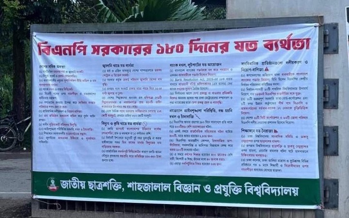শাবিপ্রবিতে &lsquo;বিএনপি সরকারের ১৮০ দিনে যত ব্য/র্থতা&rsquo; লেখা ব্যানার