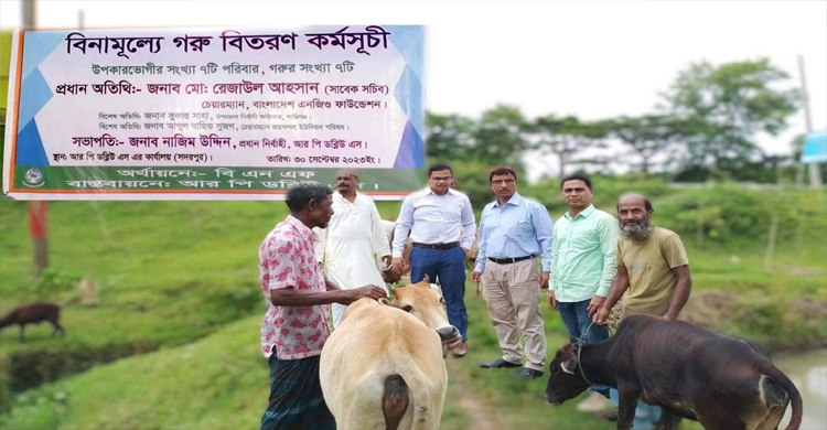 শান্তিগঞ্জে বিএনএফের অর্থায়নে বিনামূল্যে গরু বিতরণ