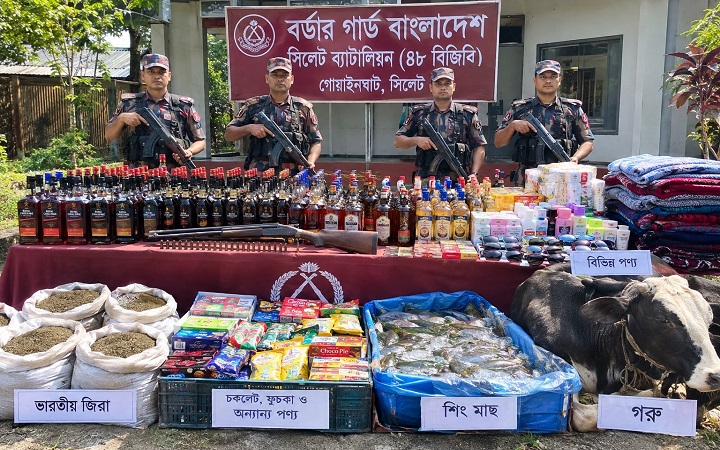 গোয়াইনঘাট সীমান্তে ভারতীয় অ/স্ত্র-গু/লি, ম/দসহ কোটি টাকার পণ্য জব্দ