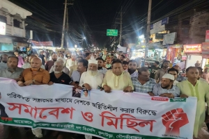 পরিকল্পিত সন্ত্রাসের প্রতিবাদে কুলাউড়ায় বিএনপির বিক্ষোভ মিছিল